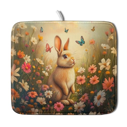 Easter Bunny Dish Drying Mat Flower Butterfly Kitchen Drainer Mat 16x18 inch Absorbent Reversible Dish Rack Pad for Counter Tabletop Decor