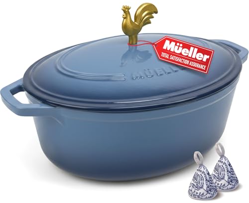 MUELLER HOME 5.5 Quart Enameled Cast Iron Oval Dutch Oven w Rooster Knob & Cotton Potholders