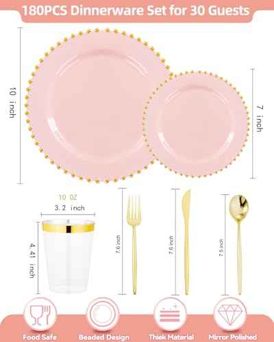 180Pcs Elegant Pink Gold Dinnerware Set for Party Wedding (180 Count)