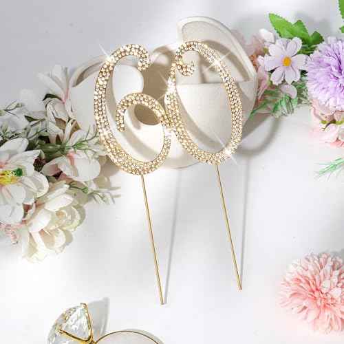 Gold 60th Birthday Cake Topper Rhinestones Cake Decorations for 60th Birthday Party