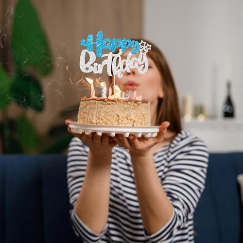 1Pcs Happy Birthday Cake Topper Glitter Happy Birthday Cake Pick for Winter Wonderland Baby Shower Theme Anniversary Party Decorations Supplies Blue Silver