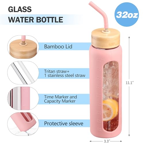 32oz Glass Water Bottle with Straw and 2 Lids