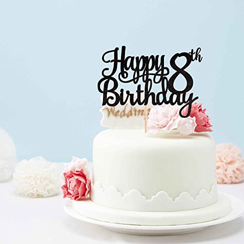 1 PCS Happy 8th Birthday Cake Topper Glitter Cheers to 8 Years Cake Pick Number 8 Fabulous Cake Decoration for 8th Birthday Theme Party Decorations Supplies Black