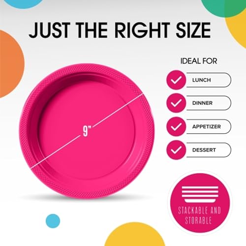 Party Solids Sturdy Hot Pink Plastic Plates 9" Party Plates 100 Pcs (100 Count)