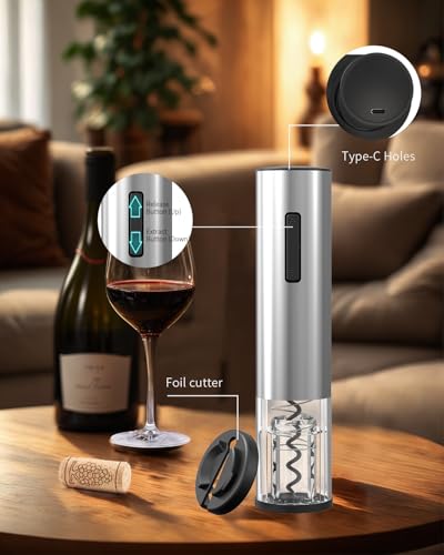Electric Wine Opener Rechargeable Stainless Steel Automatic Corkscrew Wine Bottle Opener with Foil Cutter