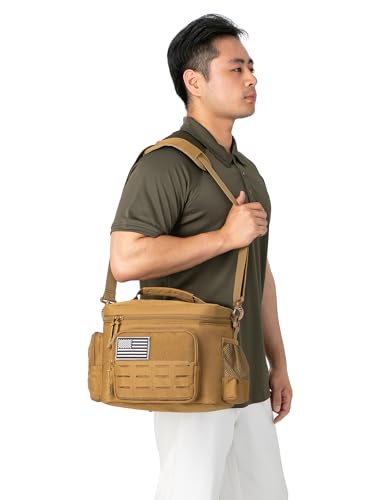 Tactical Lunch Bag for mens Military heavy duty lunch box work Leakproof insulated Durable Thermal Cooler Bag for Adult Meal for Office Camping Picnic Pail MOLLE Webbing Khaki