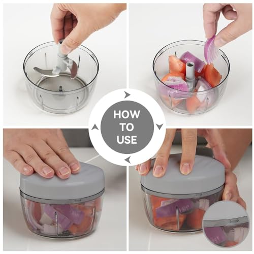 Manual Food Processor Vegetable Chopper 2.3 Cup Small Mini Hand Pull String Onion Chopper Garlic Mincer Cutter with 3 Stainless Steel Blades