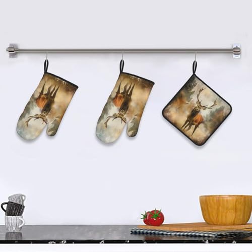 Deer Art Oven Mitts and Pot Holders Sets of 3 Heat Resistant Oven Gloves Hot Pads Non (4.33 Count)