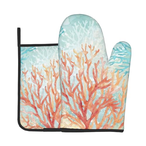 Coastal Coral Oven Mitts and Pot Holder Set of 2 Beach Ocean Heat Resistant Kitchen Oven Mittens Potholders for Baking Cooking Grilling BBQ