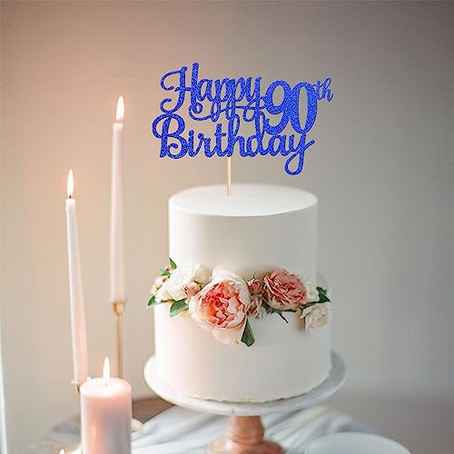 1 PCS Happy 90th Birthday Cake Topper Glitter Cheers to 90 Years Birthday Cake Pick Ninety 90 Fabulous Cake Decoration for Happy 90th Birthday Theme Party Decorations Supplies Blue