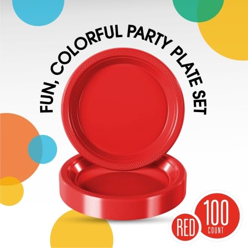 Sturdy Red Plastic Plates 9" Party Plates 100 Pcs (100 Count)