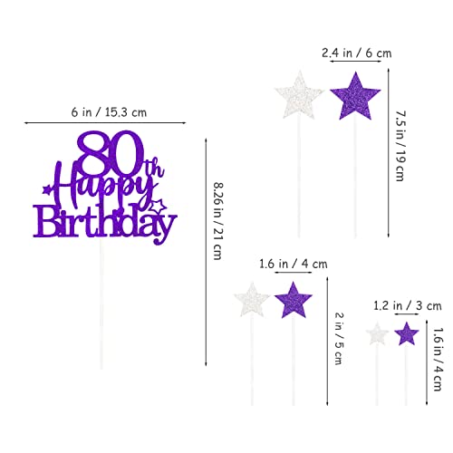 Purple Silver 80th Birthday Cake Topper with Glittery Stars (7 Count)