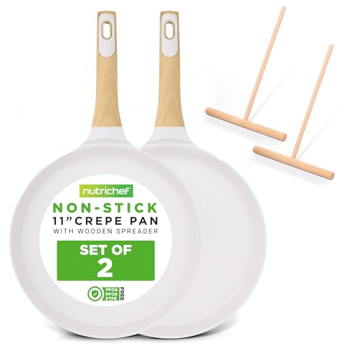 2-Pack Non-Stick Crepe Pan Set – 11” Marble Coated Dosa Pans with Wooden Spreaders, Bakelite and Wood Handles, Induction-Compatible, Easy-to-Clean, Stain-Resistant, White Cream Marble (2 Count)