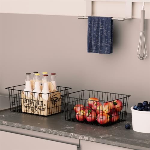 Freezer Baskets Metal Storage Organizer Bin Basket Wire Storage Basket for Kitchen Pantry Bathroom Large Metal Farmhouse Food Fruit Produce Organizer Bins (2 Count)