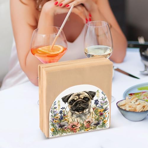Pug Dog Wild Flowers Napkin Holder for Table Paper Napkins Holder Acrylic Tissue Dispenser Kitchen Dining Room Bathroom Party Car Decor