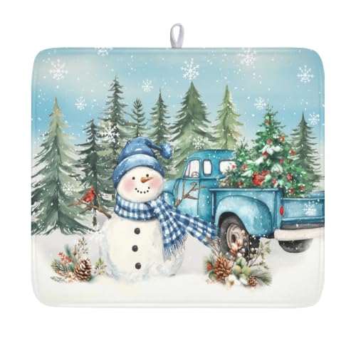 Winter Snowman Blue Dish Drying Mat Xmas Truck Dishes Pad 16"x18" Microfiber Absorbent Drainer Rack Mats Protector for Kitchen Counter Sink