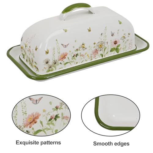 Enamel Butter Dish with Lid Vintage Enamelware Butter Keeper with Flower and Bee Patterns Farmhouse Butter holder Butter container for Kitchen Decor