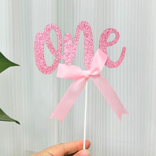 1st Birthday Cake Topper with 8 Pink Bows (17 Count)
