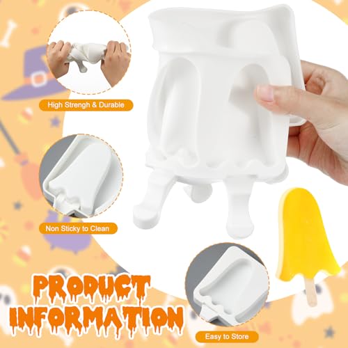 Halloween Ghost Shaped Mold Large 4 Cavity Reusable Silicone Cakesicle Cake Pop Ice Cream Mold for Halloween Adults Homemade Ice Cream Chocolate Candy DIY Trick Dessert Decorating