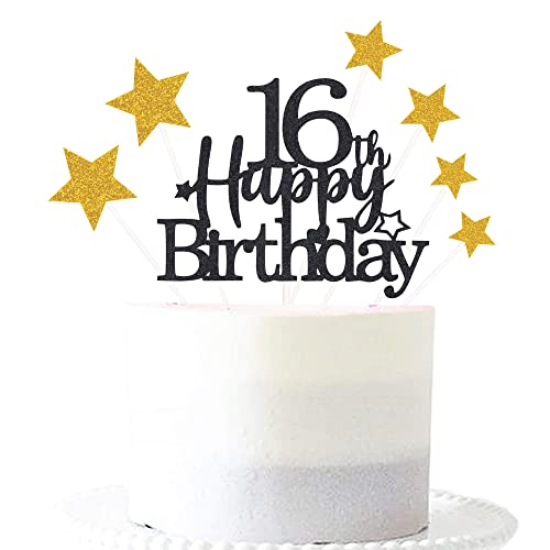 Black Gold 16th Birthday Cake Topper with Glittery Stars (7 Count)