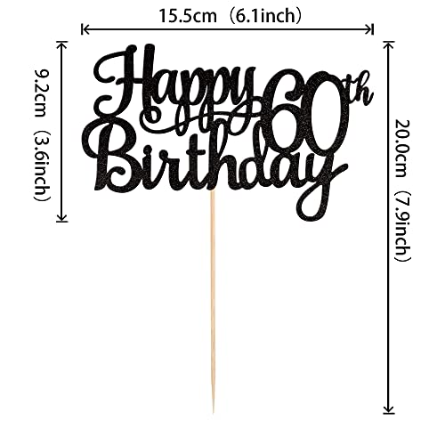 1 PCS Happy 60th Birthday Cake Topper Glitter Cheers to 60 Years Birthday Cake Pick 60 Fabulous Cake Decoration for Happy 60th Birthday Anniversary Party Decorations Supplies Black