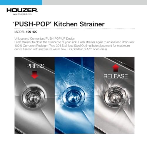 190-9400 - 3-1/2 Inch Stainless Steel Pop-Up Kitchen Sink Basket Strainer, Durable Food Catcher Stopper for Metal Kitchen Sink, Ideal for Filtering Waste and Preventing Clogs