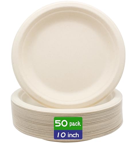 100% Compostable Disposable Paper Plates Heavy Duty Waterproof Plates (50 Count)