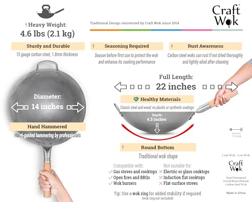 Traditional Hand Hammered Chinese Carbon Steel Wok with Wooden and Steel Helper Handle