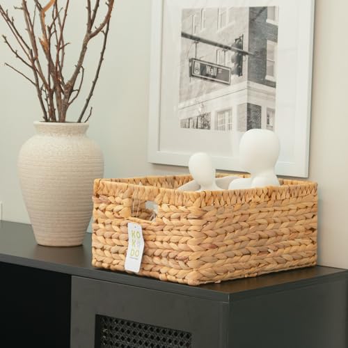 KOKODO 15”L x 11”W Large Rectangular Water Hyacinth Wicker Storage Basket with Handles