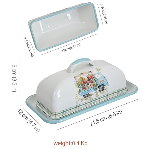 Enamel Butter Dish with Lid Vintage Enamelware Butter Keeper with Flower and Bird Patterns Farmhouse Butter Container Butter holder for Countertop Kitchen Decor