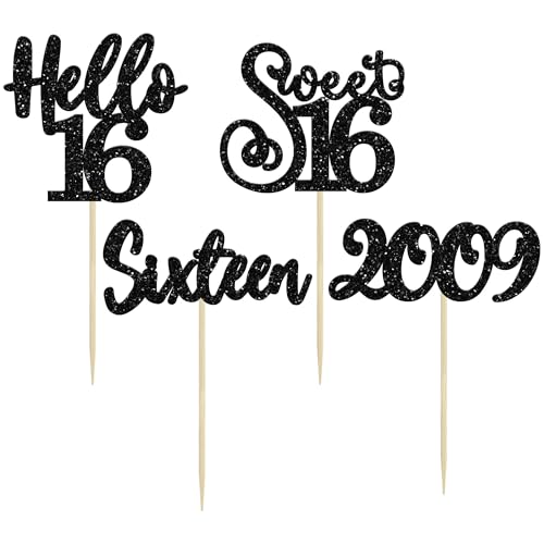 24Pcs Happy 16th Birthday Cupcake Toppers Glitter Hello 16 Sweet 16 Cupcake Picks 2009 Sixteen Old Birthday Cake Decorations for 16th Birthday Anniversary Party Supplies Black (24 Count)