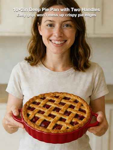 10×2in Deep Ceramic Pie Pan with Handles for Pie Quiche Tart Baking. Easy to grip