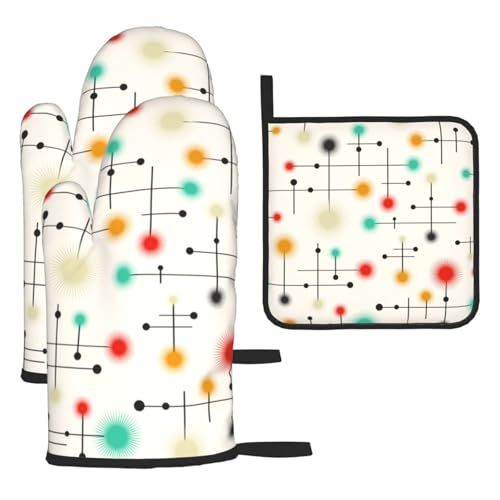 Mid Century Modern Oven Mitts and Pot Holders Sets of 3 Heat Resistant Non Slip Retro Kitchen Gloves Hot Pads for Cooking BBQ Grilling Baking (3 Count)