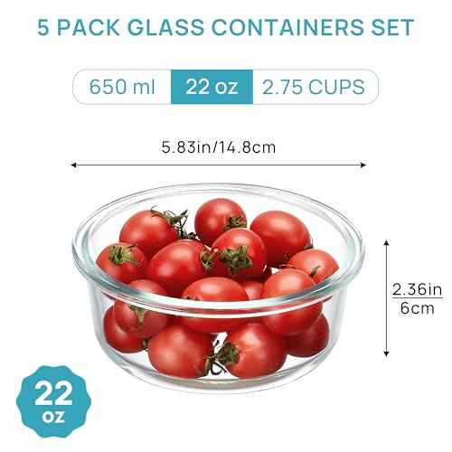 5Pack 22oz Glass Storage Containers with Lids (5 Count)