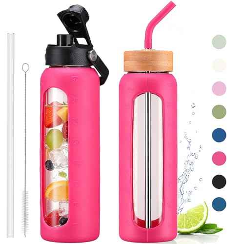 32 oz Glass Water Bottle with Straw and 2 Lids