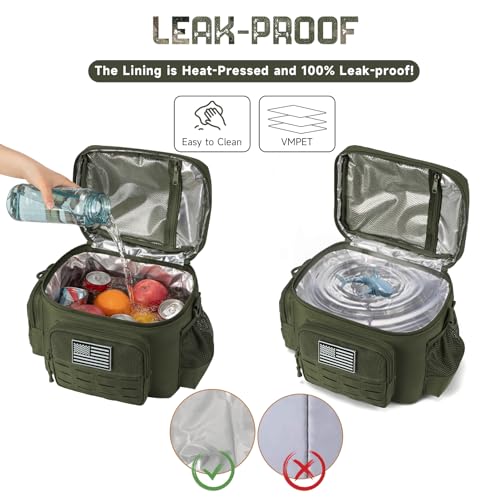 Tactical Lunch Bag for Mens Military Heavy Duty Lunch Box Work Leakproof Insulated Durable Thermal Cooler Bag for Adult Meal for Office Camping Picnic Pail MOLLE Webbing Army Green