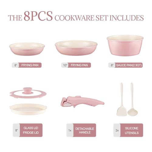 Ceramic Cookware Set Non Stick 8Pcs Pots and Pans Set Removable Handle Induction Kitchen Cookware Set with Frying Pans Oven Safe