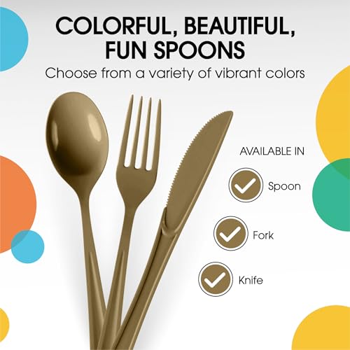 Party Solids Gold Plastic Spoons 200 Pieces Gold Spoons Disposable Utensils Heavy Duty Plastic Cutlery Set Disposable Cutlery Sets Flatware Sets Silverware Set Party Supplies & Party Tableware (200 Count)