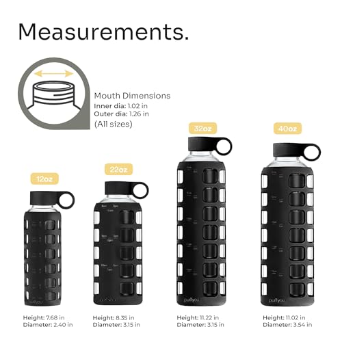 40oz / 32oz / 22oz / 12oz Borosilicate Glass Water Bottle with Time & Volume Markers, Silicone Sleeve, Stainless Steel Lid | Reusable Glass Bottle for Water & Juice (40oz Jet Black) (4 Count)