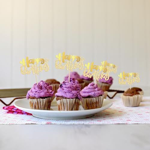 24Pcs Gold Metallic Happy Birthday Cupcake Toppers for Birthday (24 Count)