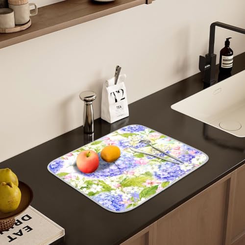 Floral Hydrangea Garden Dish Drying Mat for Kitchen Counter Absorbent Microfiber Small Drying Pad Dish mats for Kitchen Countertops 16 x 18 Inch