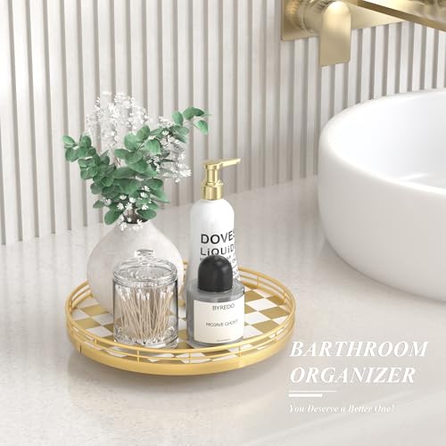 10 Inch Gold Checkerboard Lazy Susan Vanity Tray with Metal Rail