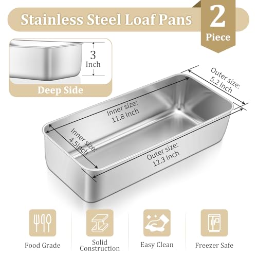 Loaf Pan 12 x 5 Inch Stainless Steel Loaf Pans for Baking Bread (2 Count)