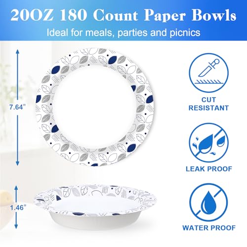 20 oz 180 Pack Paper Bowls Bulk Heavy Duty Disposable Bowls Leaf (180 Count)