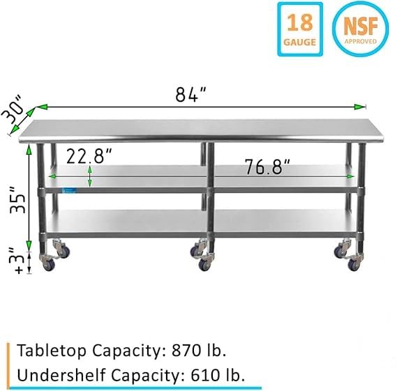 Stainless Steel Work Table with 2 Shelves and Casters