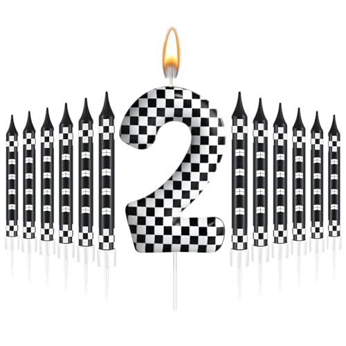 13 Pcs Racing Cars Themed Birthday Candles Black and White Race Number 2 Checkered Candle Cake Topper for Racing Car Party Decoration Supplies (13 Count)