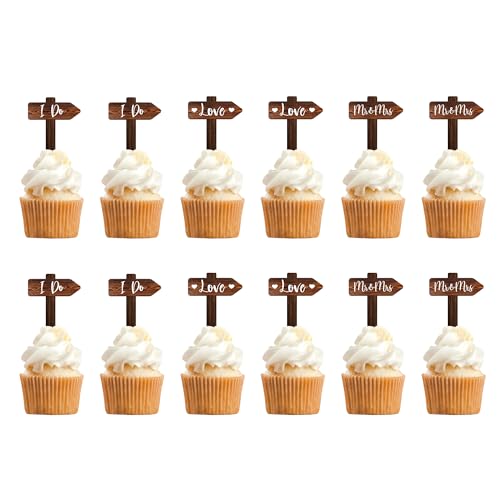 Rustic Wedding Cake Decoration Set Just Married Cake Topper & 12 PCS Wedding Cupcake Toppers in Wood