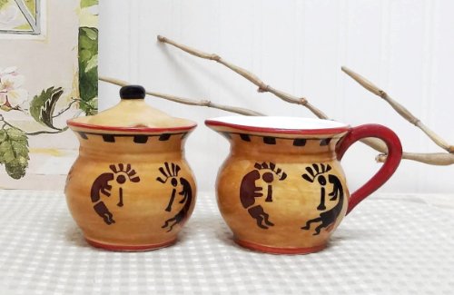 Western Kokopelli Hand Painted Ceramic Creamer & Sugar Set