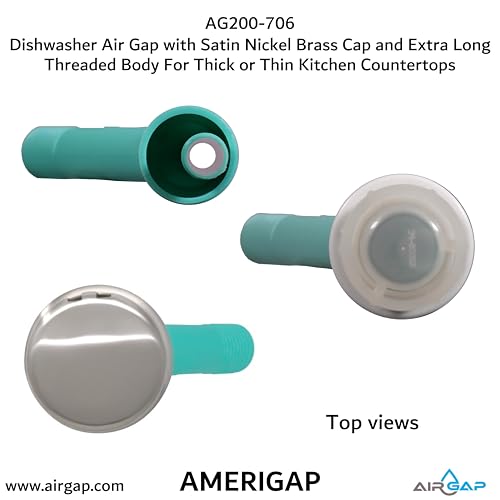 Dishwasher Air Gap with Skirted Satin Nickel Brass Cap and Extra Long Threaded Body for Thick or Thin Kitchen Countertops