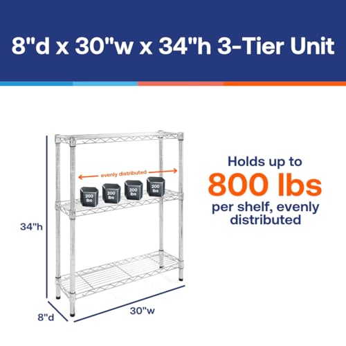 Shelving Inc. 8" d x 30" w x 34" h Chrome Wire Shelving with 3 Tier Shelves (3 Count)